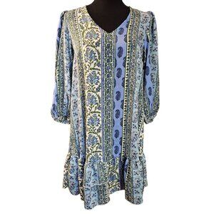 Black Tape Blue & White Floral Paisley Ruffle Hem Mini Dress - Size M